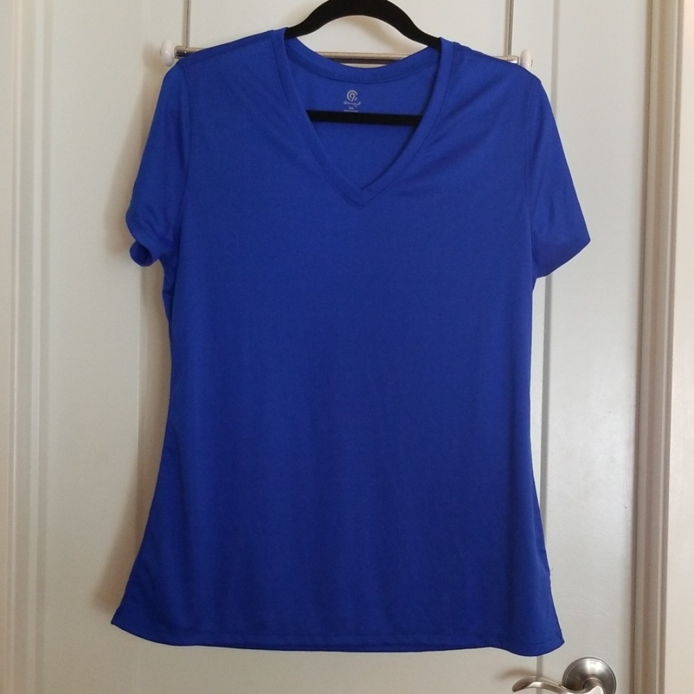 Bright blue workout top.